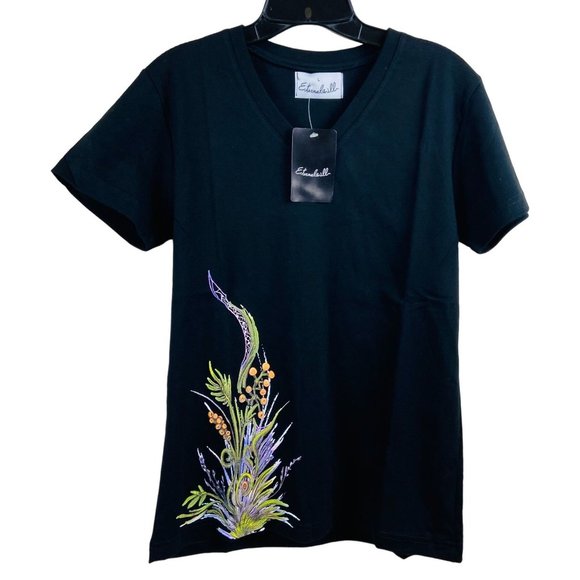 Eternal Will T-Shirt Womens V-neck Hand Painted Flowers Black Large NWT Tshirt - Picture 1 of 6